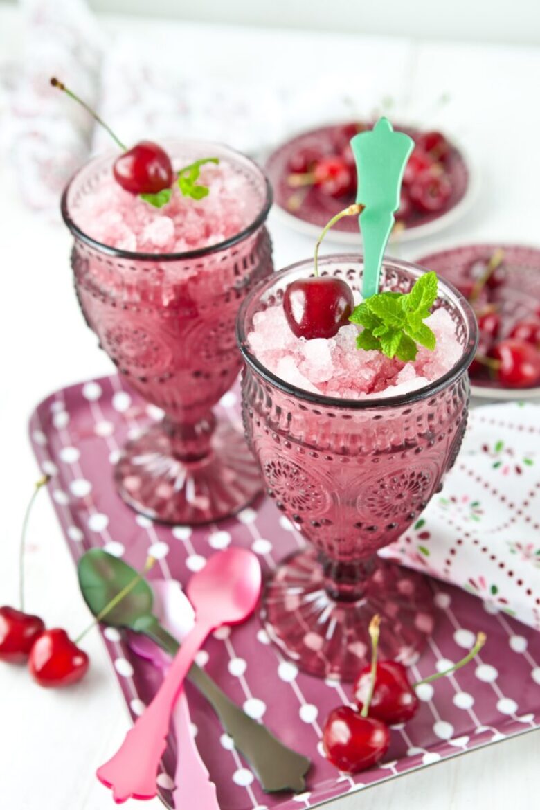 Cold,Sorbet,With,Cherries,And,Fresh,Mint,Leaves