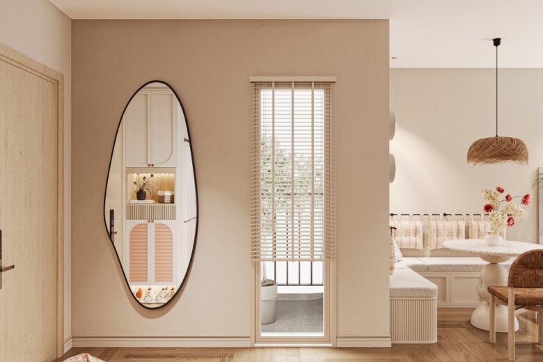 Scandinavian,Minimalist,Interior,With,Oval,Mirror,And,Cozy,Dining,Nook
