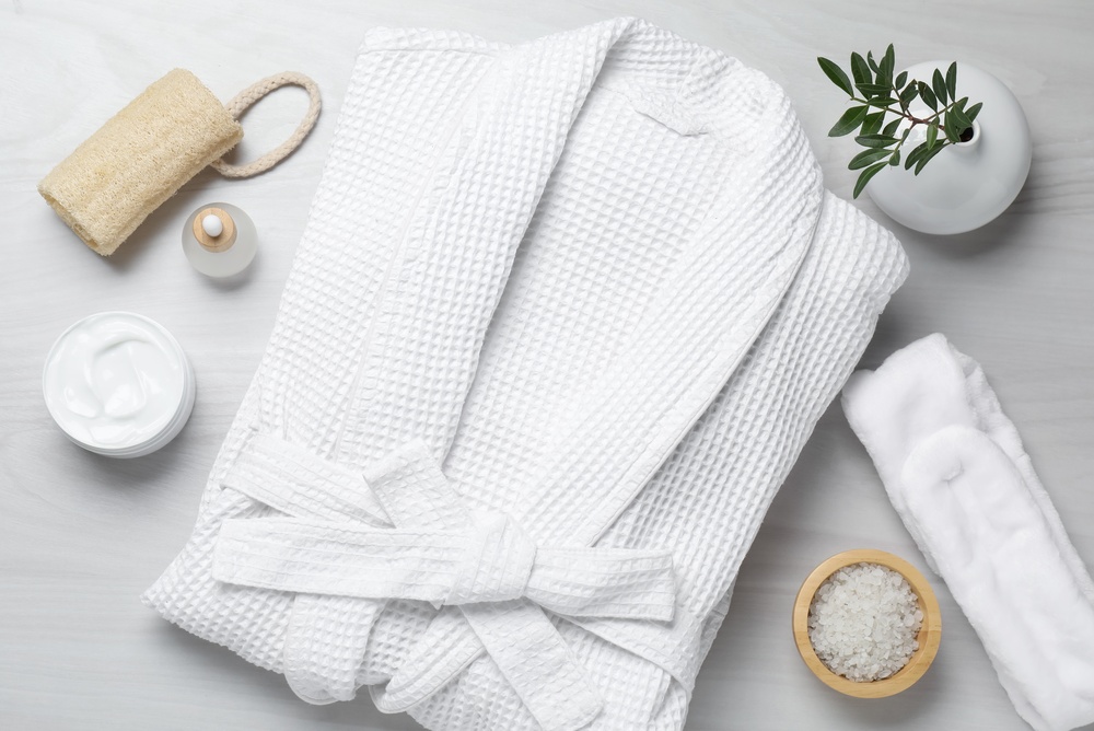 Flat,Lay,Composition,With,Bathrobe,And,Spa,Essentials,On,White Flat,Lay,Composition,With,Bathrobe,And,Spa,Essentials,On,White