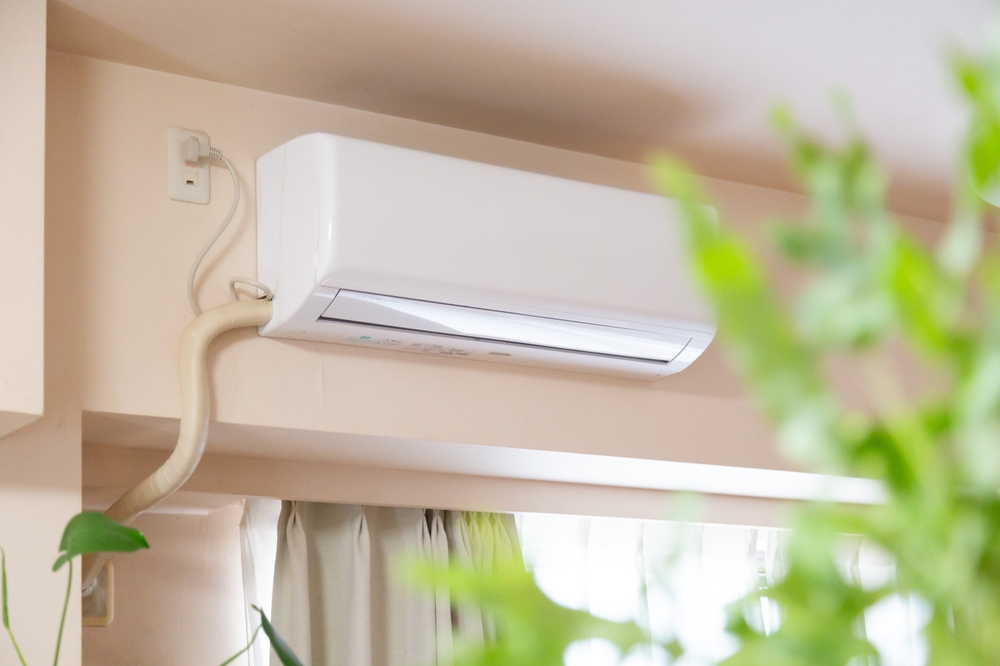 Home,Air,Conditioner,And,House,Plant,In,A,Living,Room.