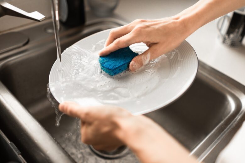 Washing,Dishes,In,Kitchen,Sink,With,Sponge,,Daily,Routine,And