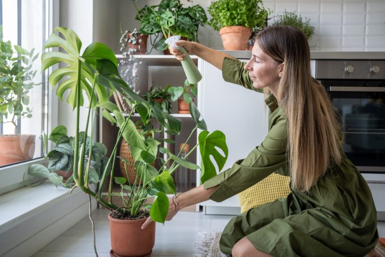 Pleased,Woman,Plant,Lover,Taking,Care,About,Green,Plants,Spraying