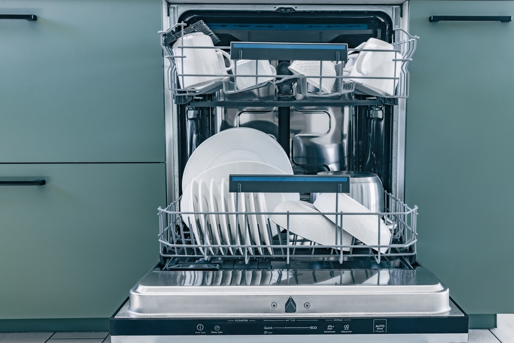 Open,Dishwasher,With,Clean,White,Dishes,After,Washing,In,A Open,Dishwasher,With,Clean,White,Dishes,After,Washing,In,A