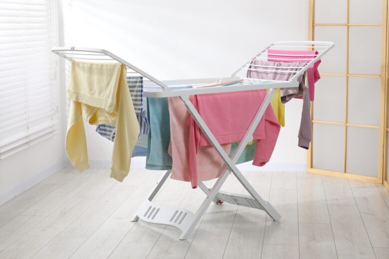 Drying,Rack,With,Fresh,Clean,Laundry,At,Home